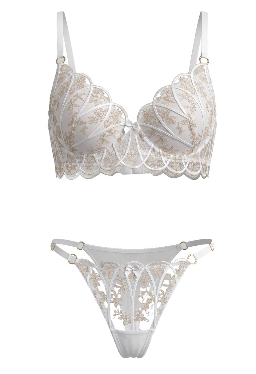 Lucia Push-up Bra Set White flat lay: longline push-up bra and matching bow-front thong
