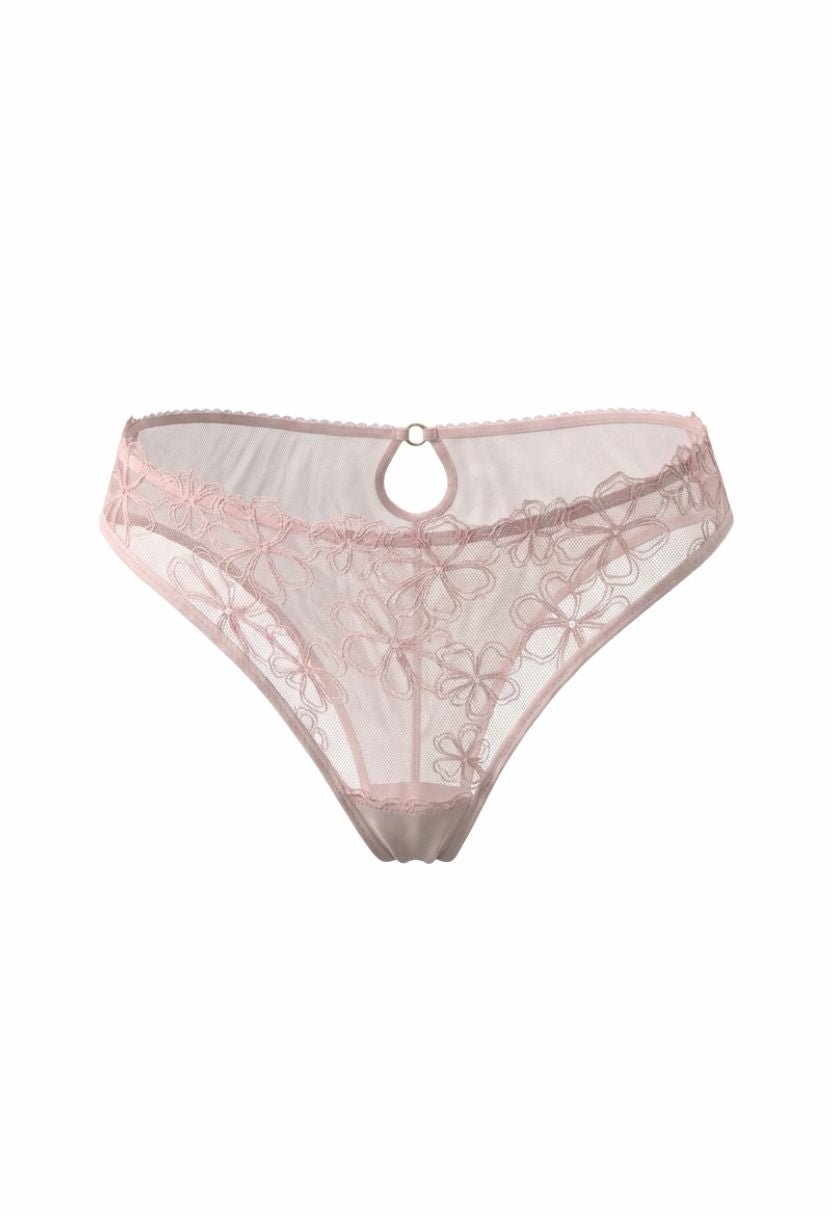Megan pink floral lace brief with cut-out ring detail, flat lay