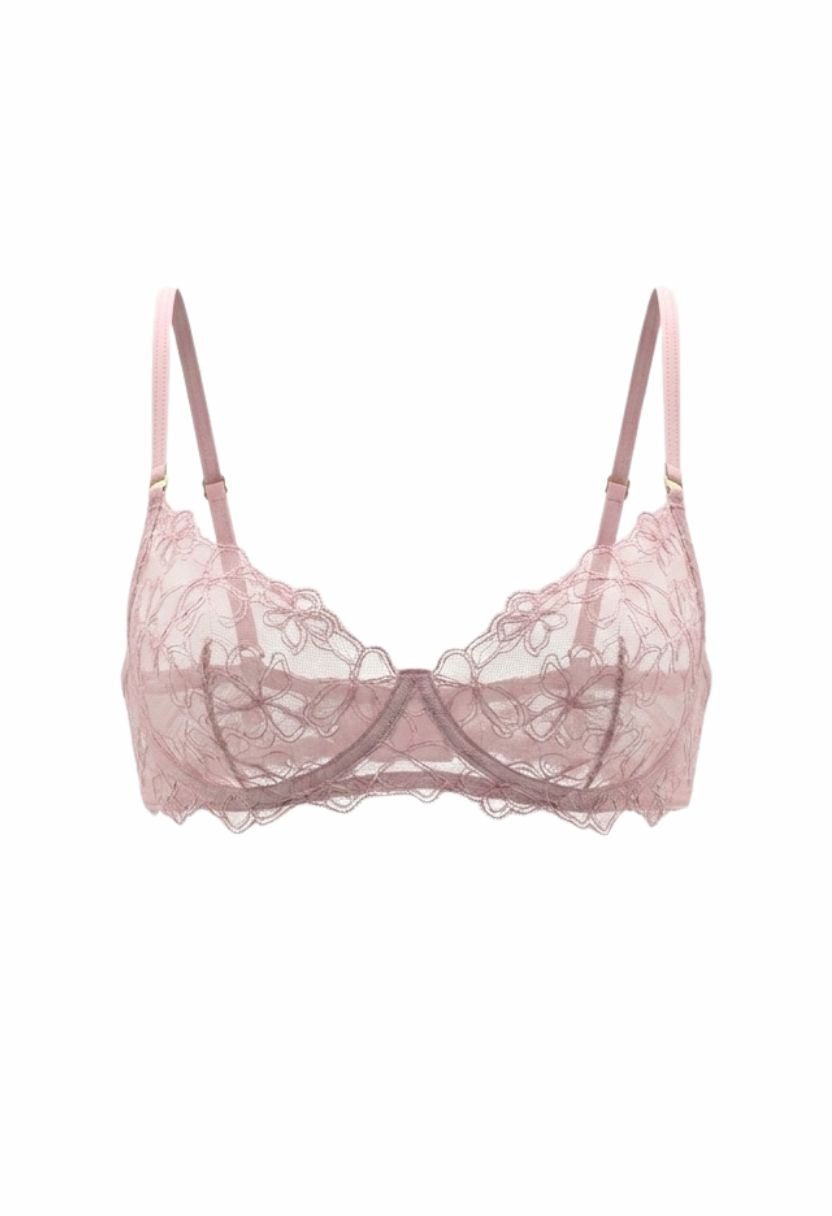 Megan pink floral lace demi bra, flat lay front view