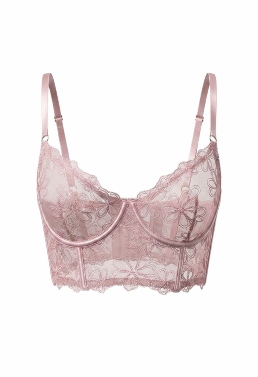 Megan pink floral lace longline bra, ghost mannequin