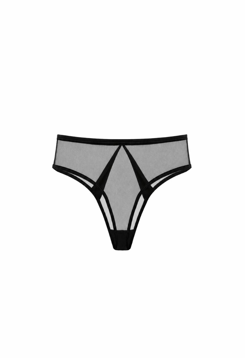Mia black bikini panty, sheer mesh with geometric trim, front view