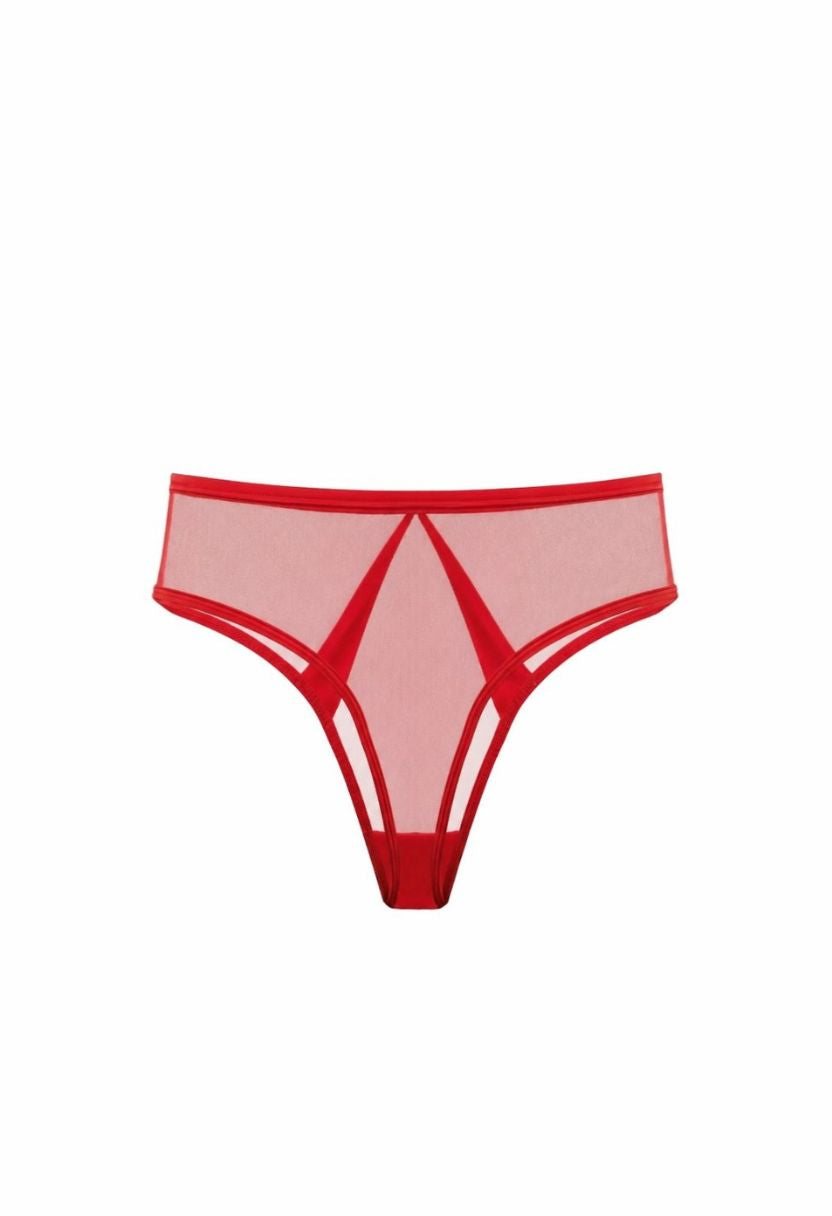 Mia red bikini panty, sheer mesh with geometric trim, close-up