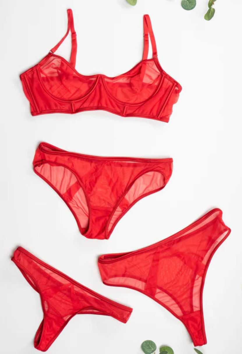 Mia red lingerie flat lay: demi bra, bikini panty and thong panties