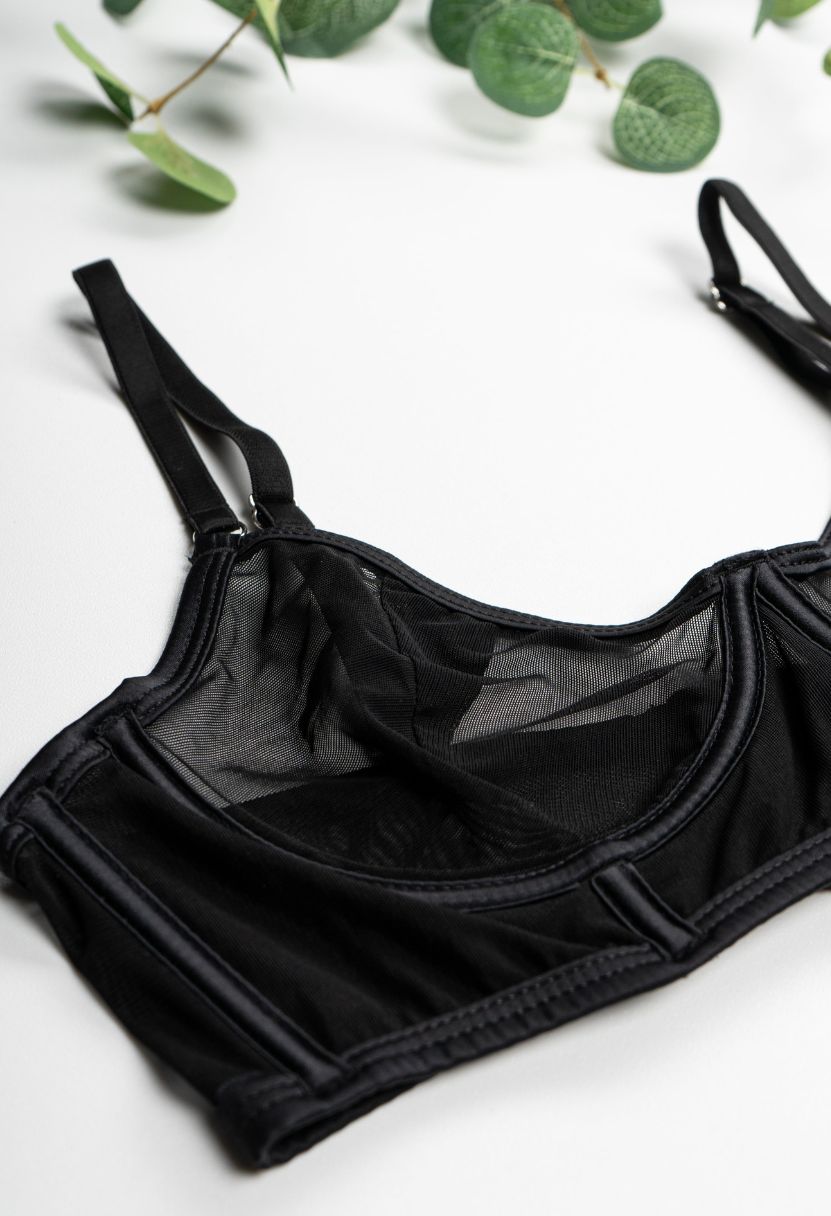 Mia black demi bra flat lay close-up, mesh cup detail