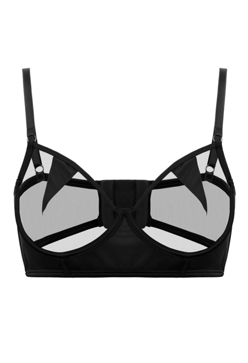 Mia black demi bra on ghost mannequin, front view, geometric mesh cups