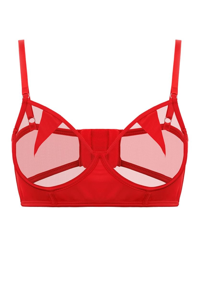 Mia red demi bra on ghost mannequin, front view, geometric mesh cups