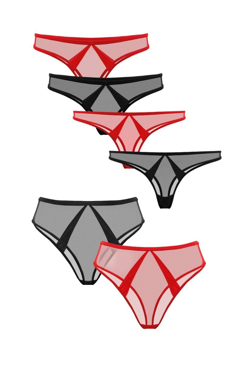 Mia Sheer 6-Pack, six red and black mesh panties flat lay