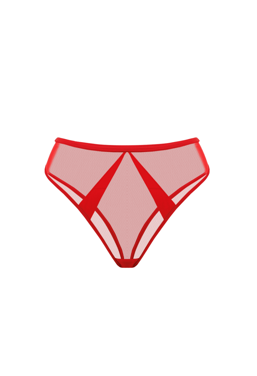 Mia red high-waist bikini panty with geometric mesh