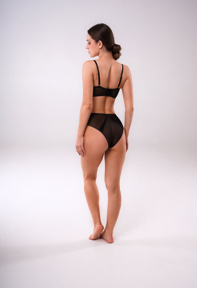 Mia black bra and high-waist bikini set on model, back view
