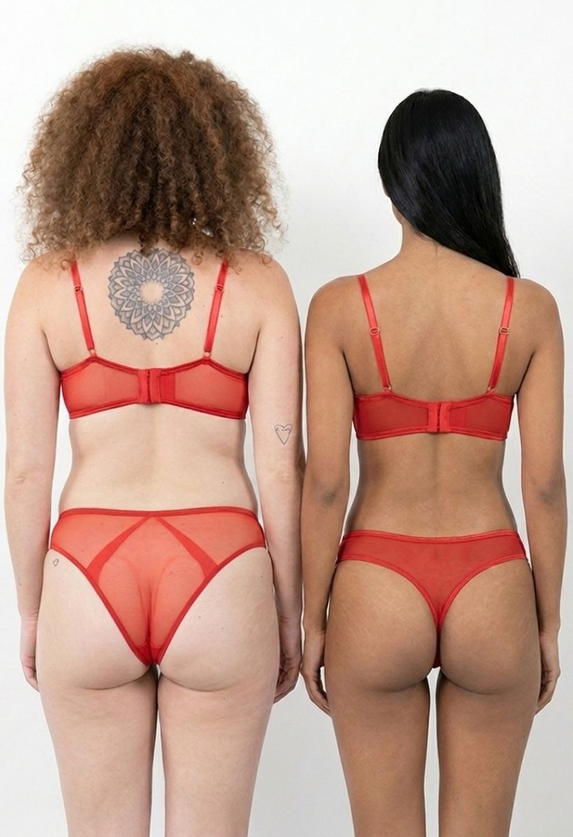 Mia red mesh bra and panty set on two models, back view