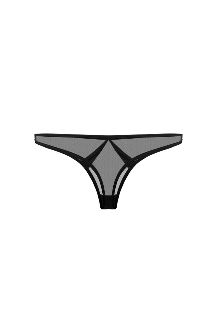 Mia black thong on ghost mannequin, product shot
