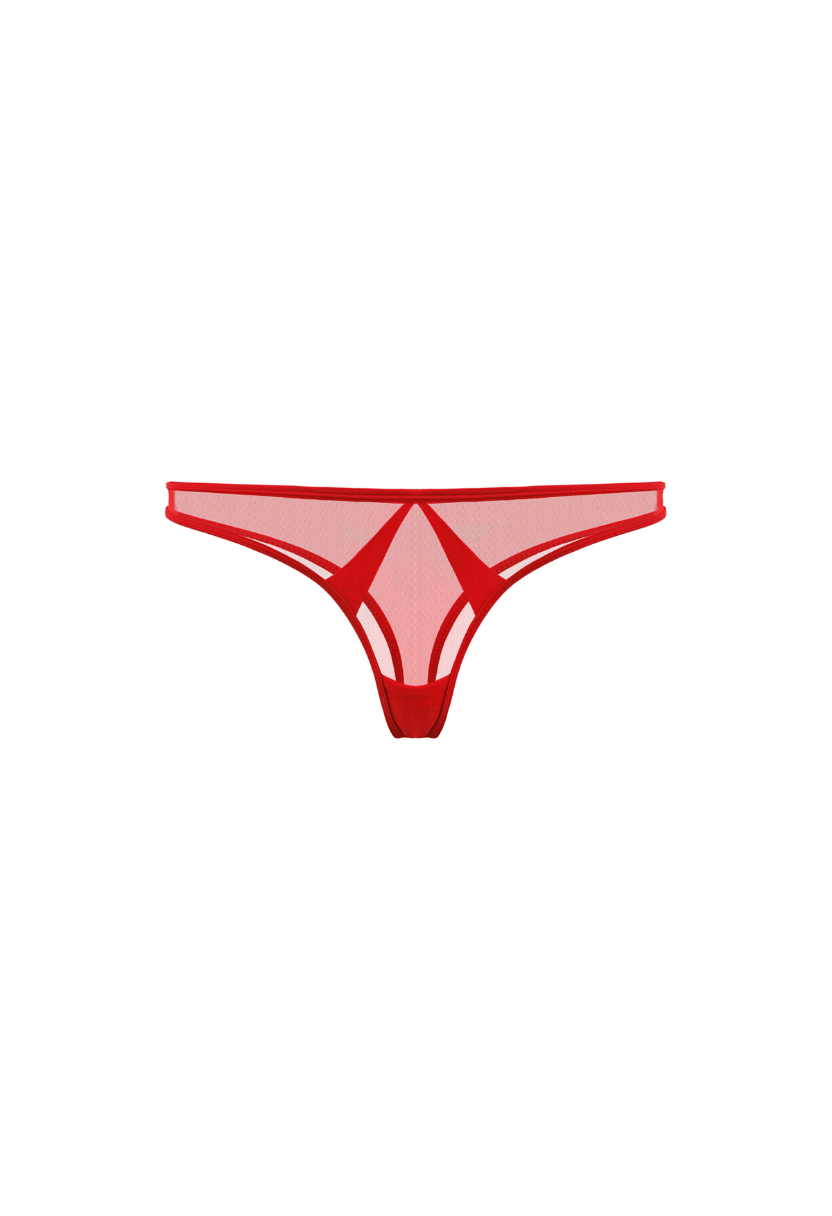 Mia red thong, sheer mesh with strappy cut-out front, flat lay