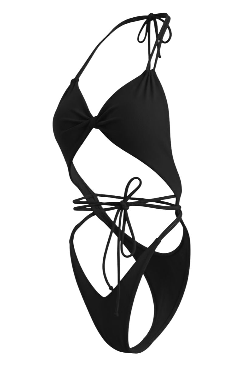 Mira black plunge one-piece swimsuit with tie waist on ghost mannequin