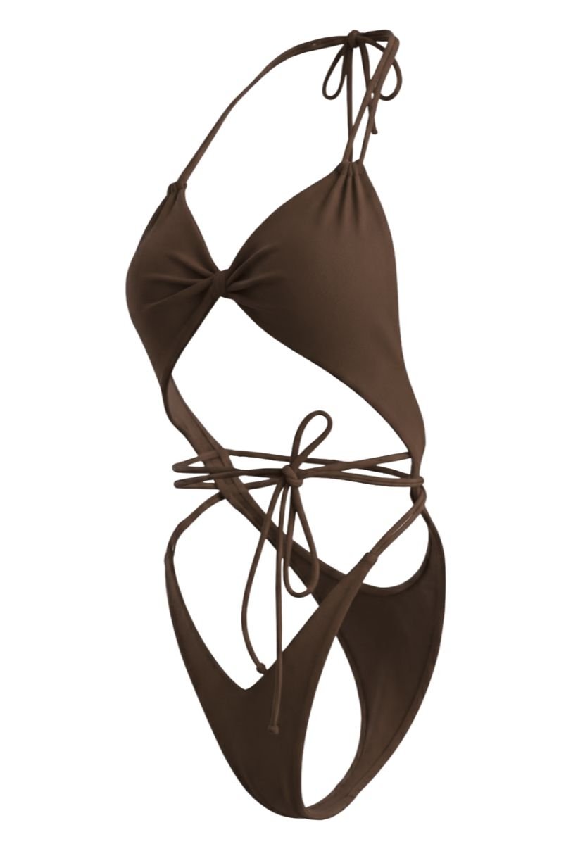 Mira brown plunge one-piece swimsuit with tie waist on ghost mannequin