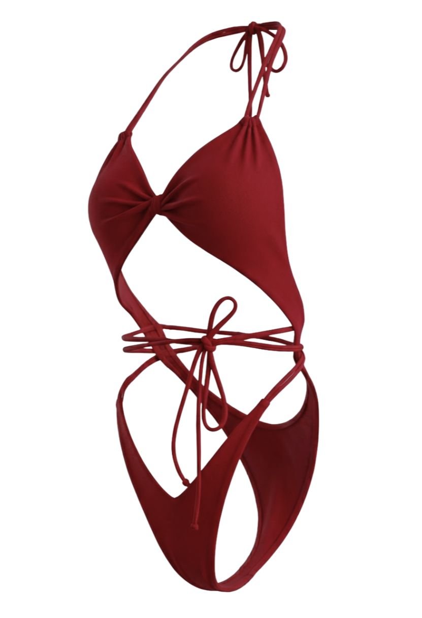 Mira burgundy plunge one-piece swimsuit with tie waist on ghost mannequin