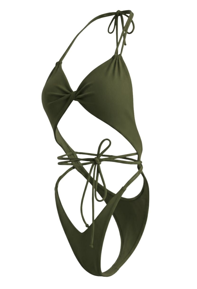 Mira olive green plunge one-piece swimsuit with tie waist on ghost mannequin