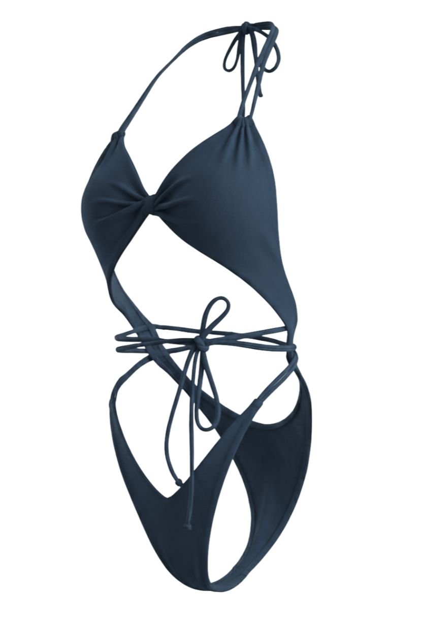 Mira navy plunge one-piece swimsuit with tie waist on ghost mannequin