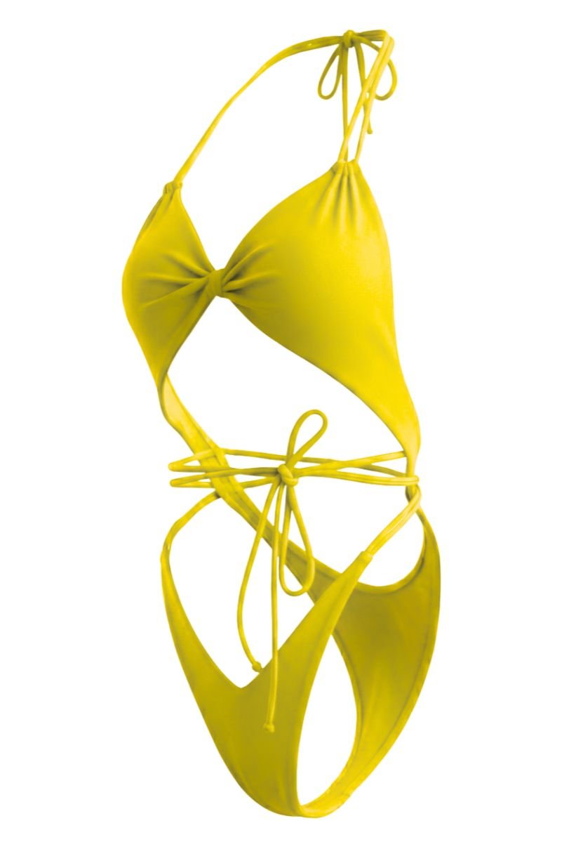 Mira yellow plunge one-piece swimsuit with tie waist on ghost mannequin