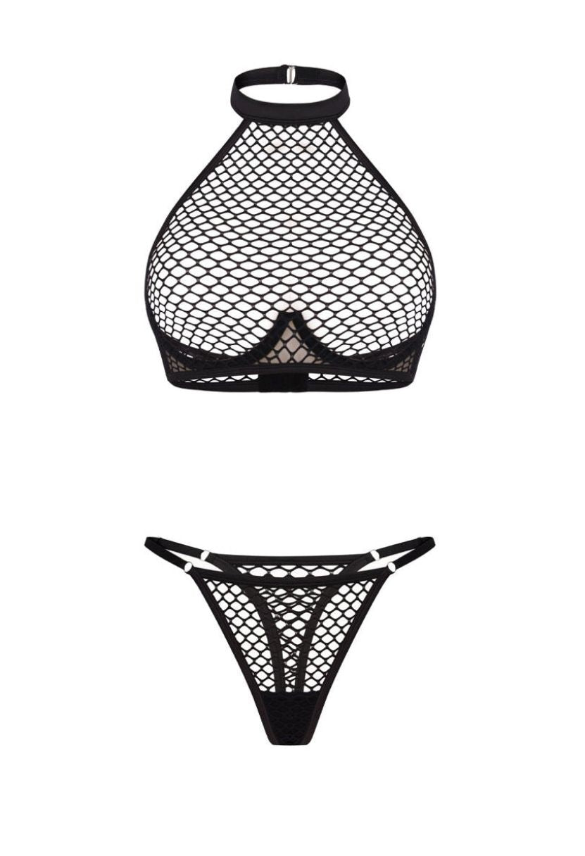 Nikita black fishnet halter bra and thong set, ghost mannequin product shot