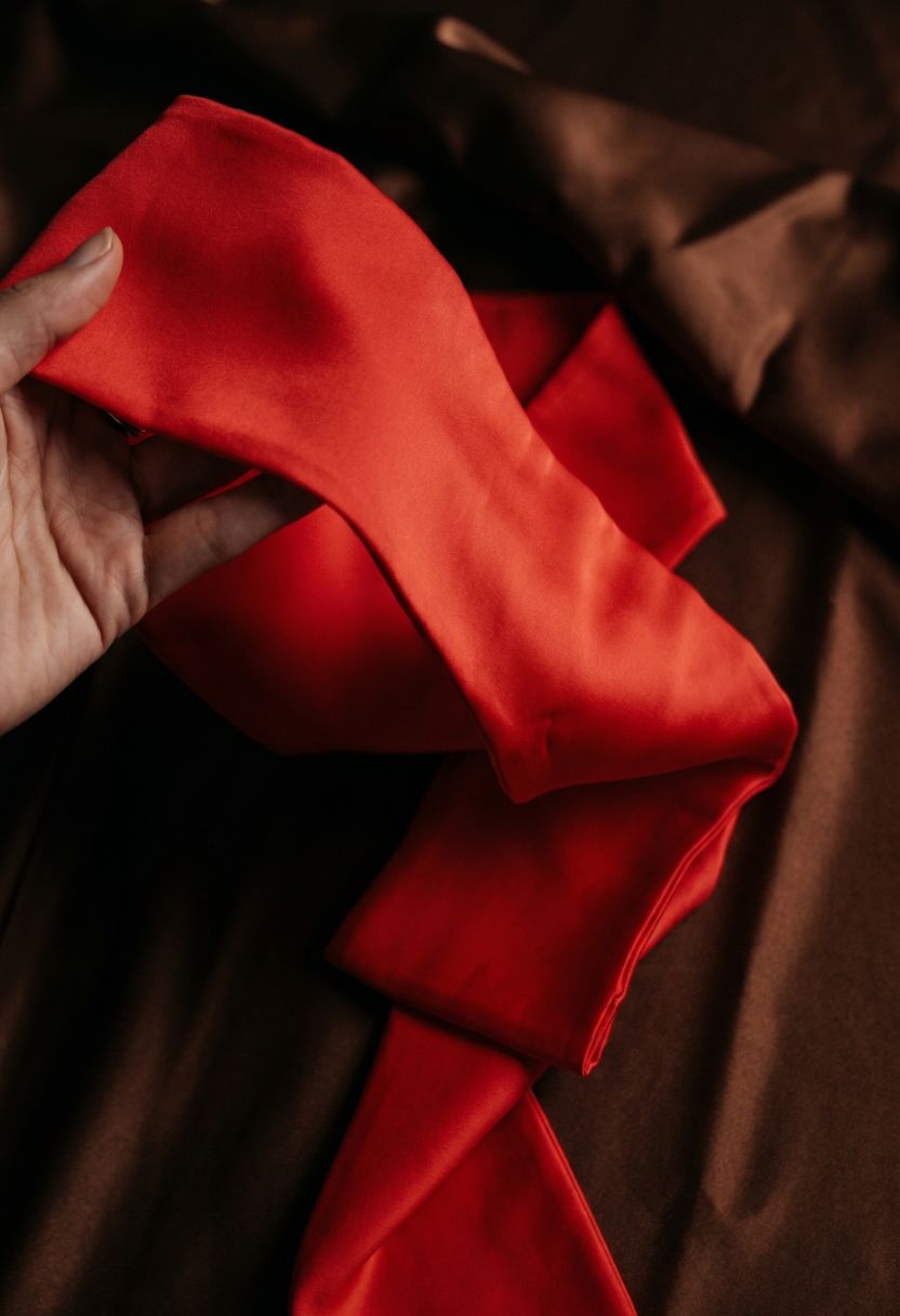 Red satin ribbon tie, close-up product detail