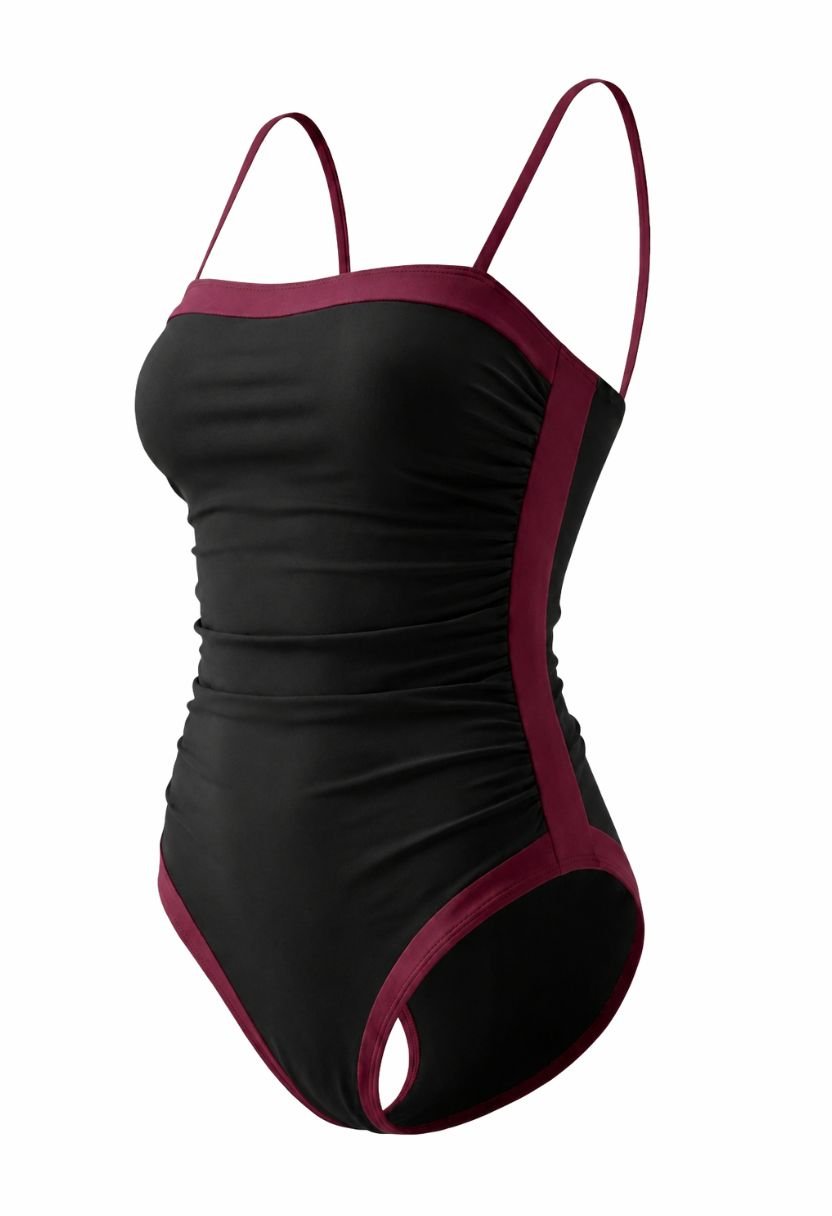 Riva black one-piece swimsuit with burgundy contrast trim, ghost mannequin