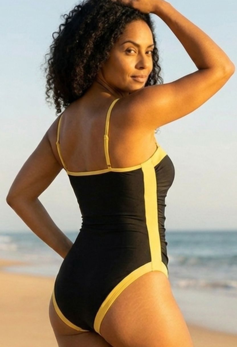 Riva black one-piece swimsuit with yellow trim on model, close-up back view