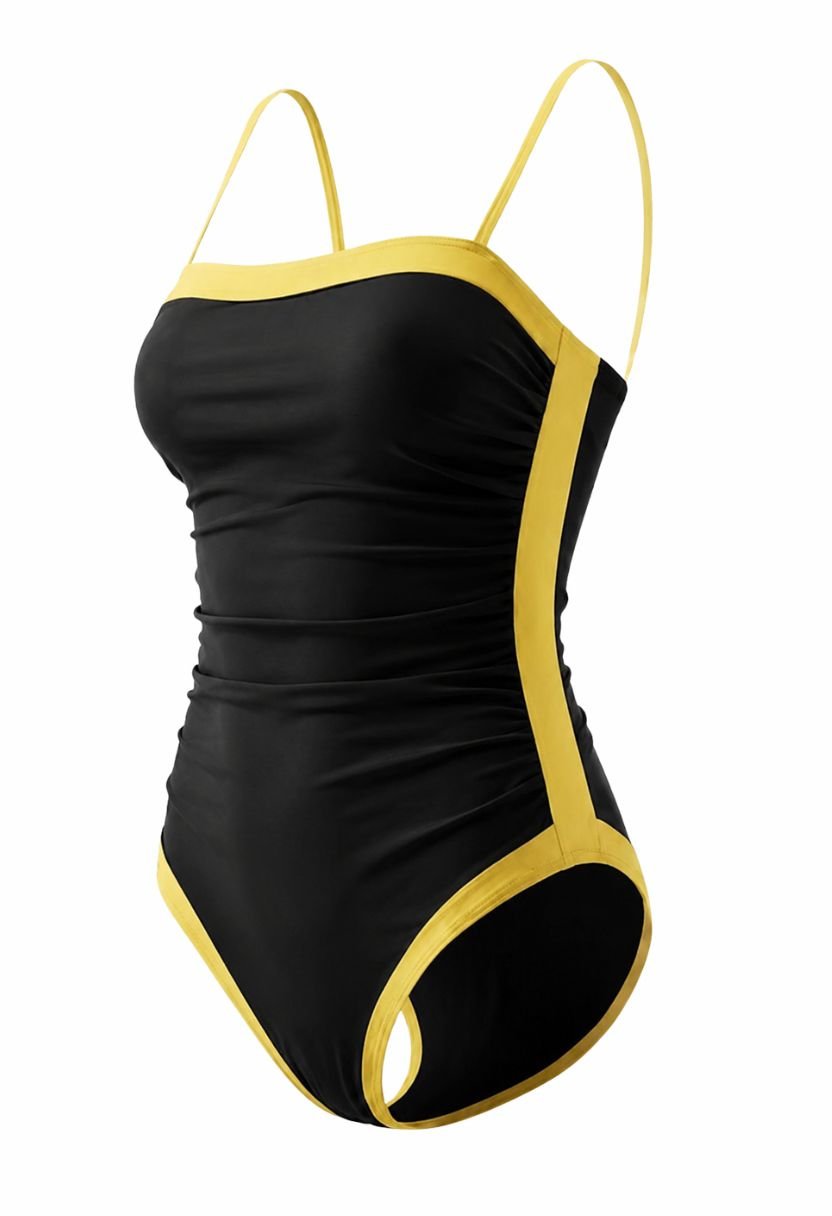 Riva black one-piece swimsuit with yellow contrast trim, ghost mannequin