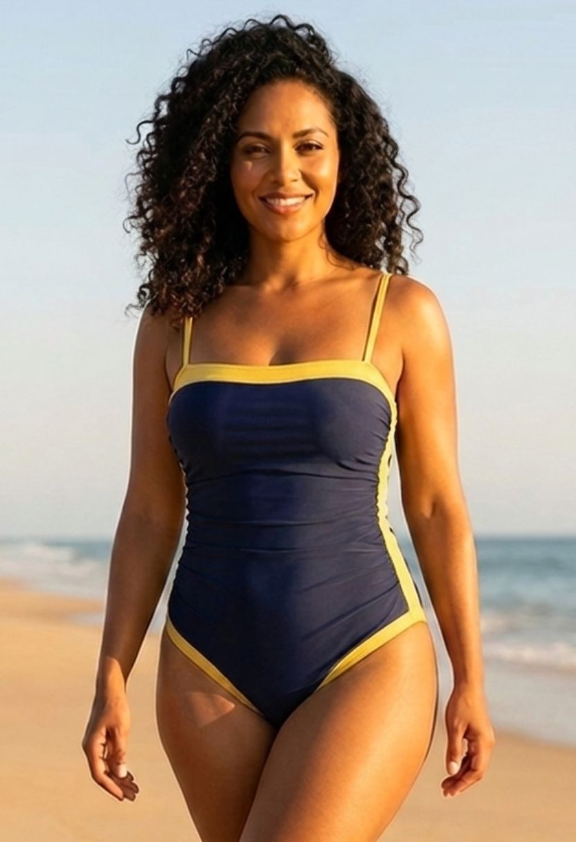 Riva navy one-piece swimsuit with yellow trim, close-up front view on model