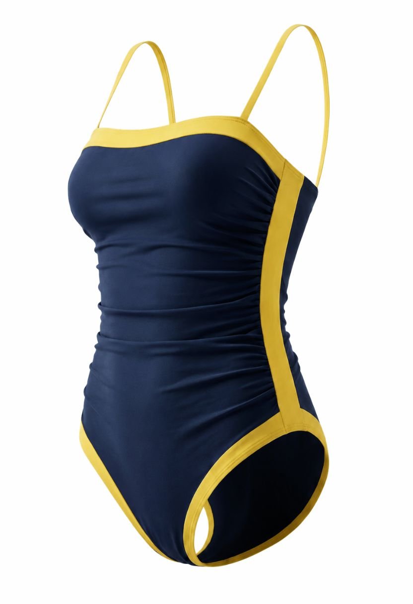 Riva navy one-piece swimsuit with yellow contrast trim, ghost mannequin