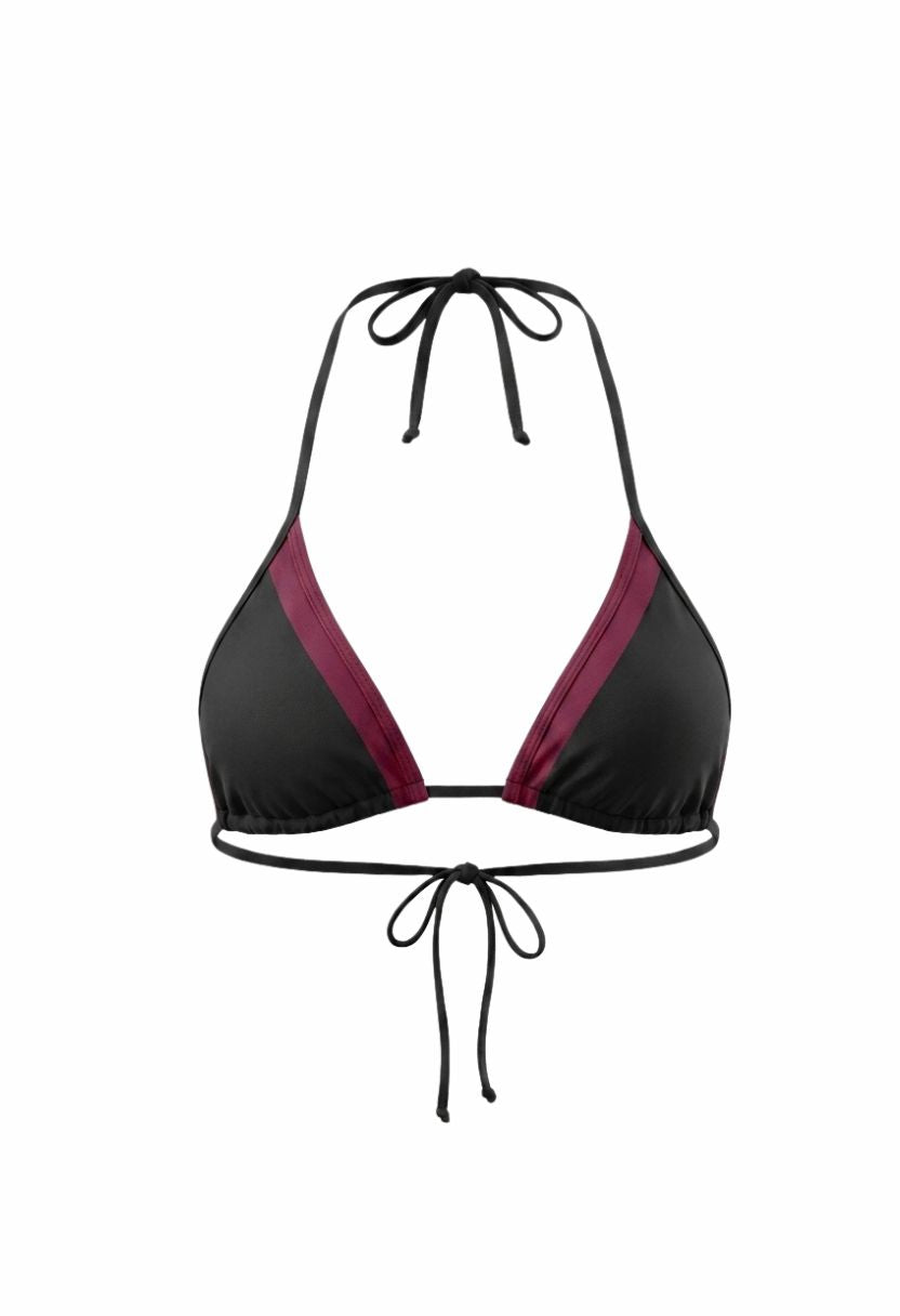Romy black triangle bikini top with burgundy trim, flat lay