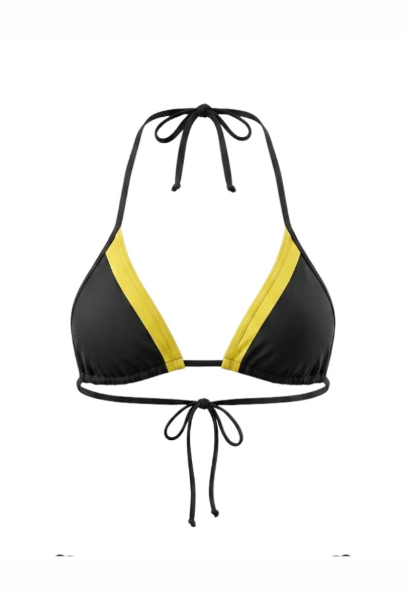Romy black triangle bikini top with yellow contrast trim, flat lay