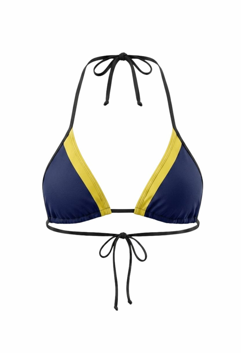 Romy navy triangle bikini top with yellow contrast trim, flat lay