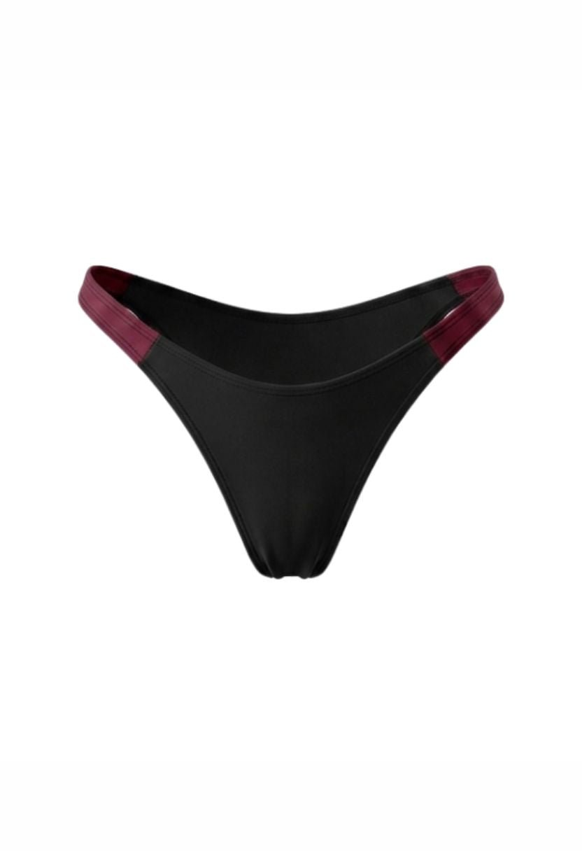 Sena black bikini bottom with burgundy side panels, flat lay