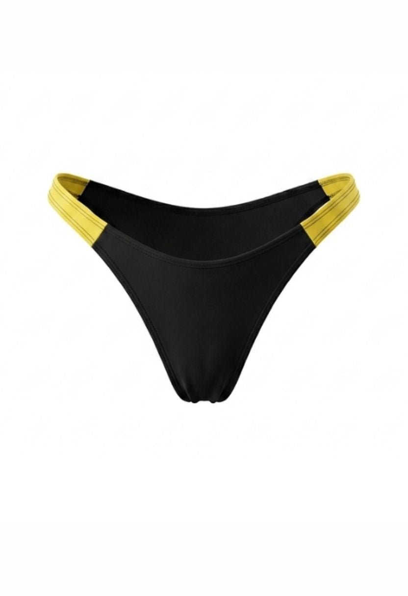 Sena black bikini bottom with yellow side panels, flat lay