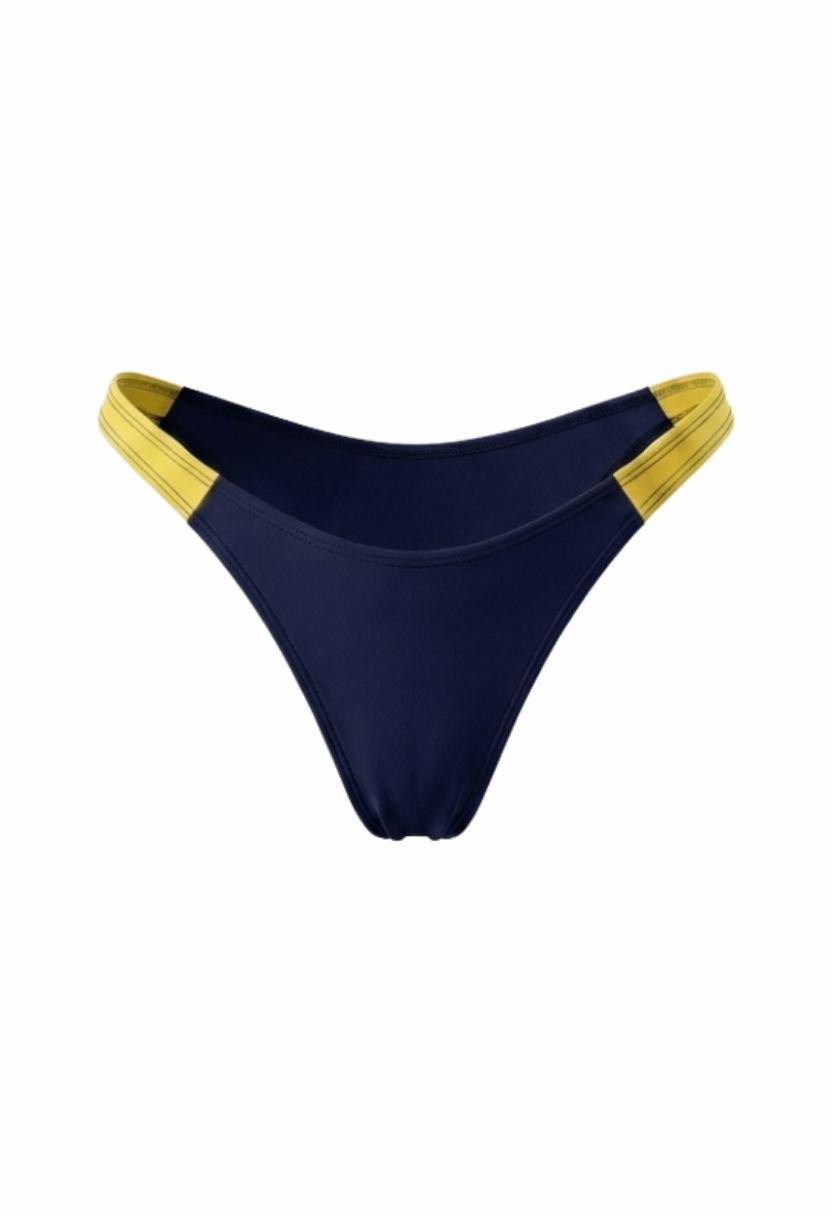 Sena navy bikini bottom with yellow side panels, flat lay