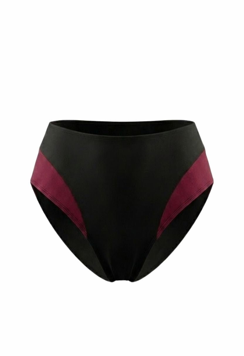 Sofia black bikini bottom with burgundy side panels, flat lay