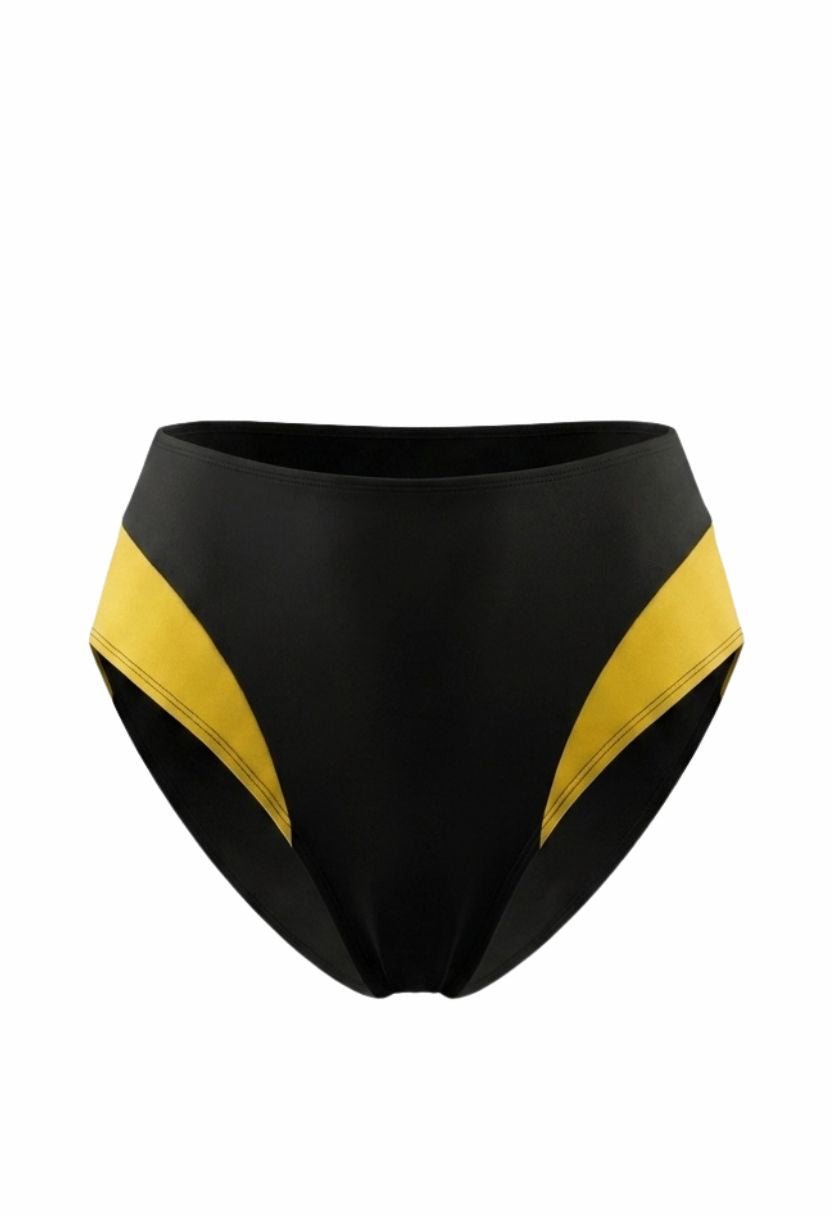 Sofia black bikini bottom with yellow side panels, flat lay