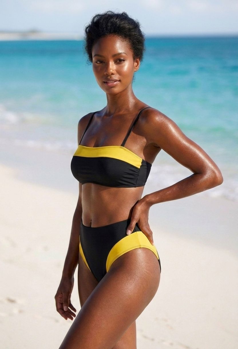 Sofia black high-waist bikini bottom with yellow color-block, on model, angled view