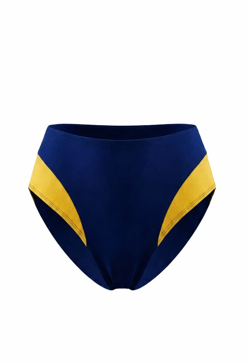 Sofia navy high-waist bikini bottom with yellow contrast side panels, flat lay