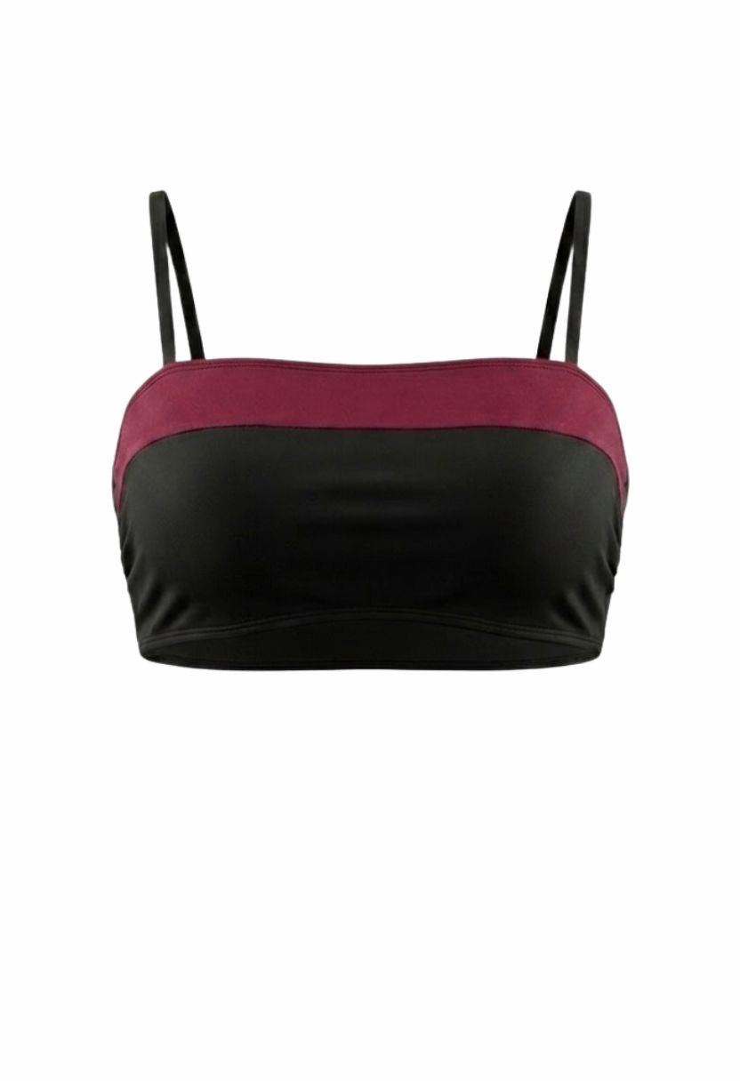 Sorelle black and burgundy colorblock bandeau bikini top, flat lay