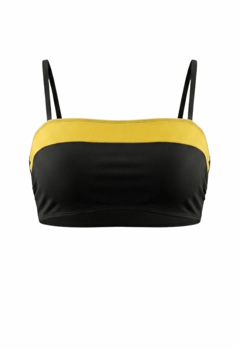 Sorelle black bandeau bikini top with yellow contrast band, flat lay