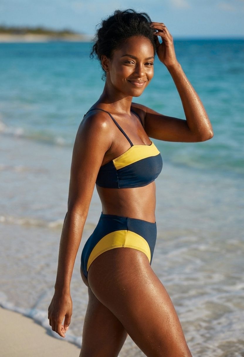 Sorelle navy bandeau bikini top with yellow contrast band and matching bottom on model, side view