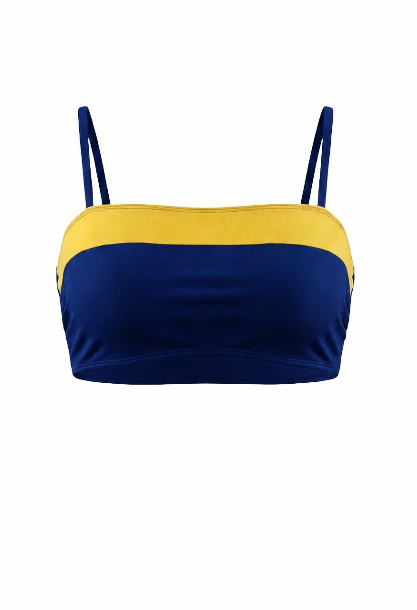Sorelle navy and yellow colorblock bandeau bikini top, flat lay
