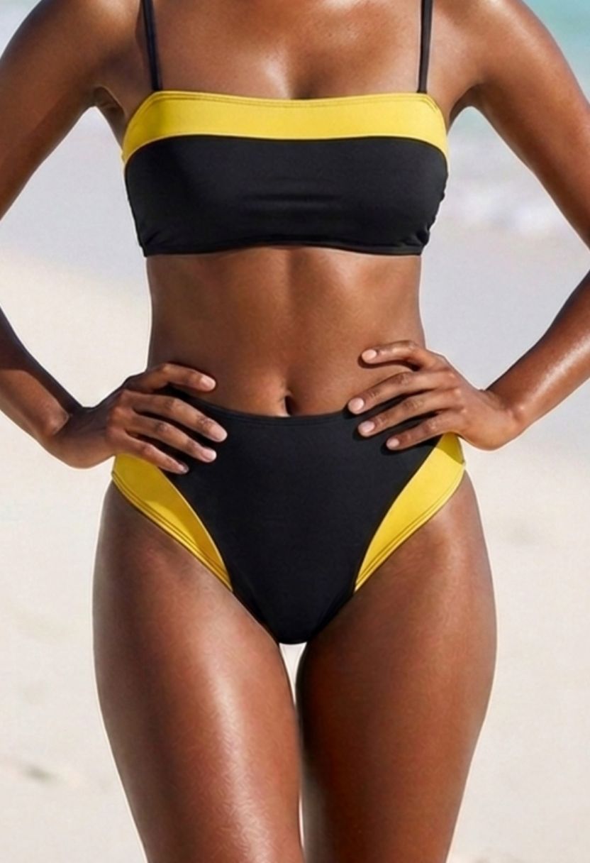 Sorelle black and yellow bikini top and high-waist bottom on model, front view