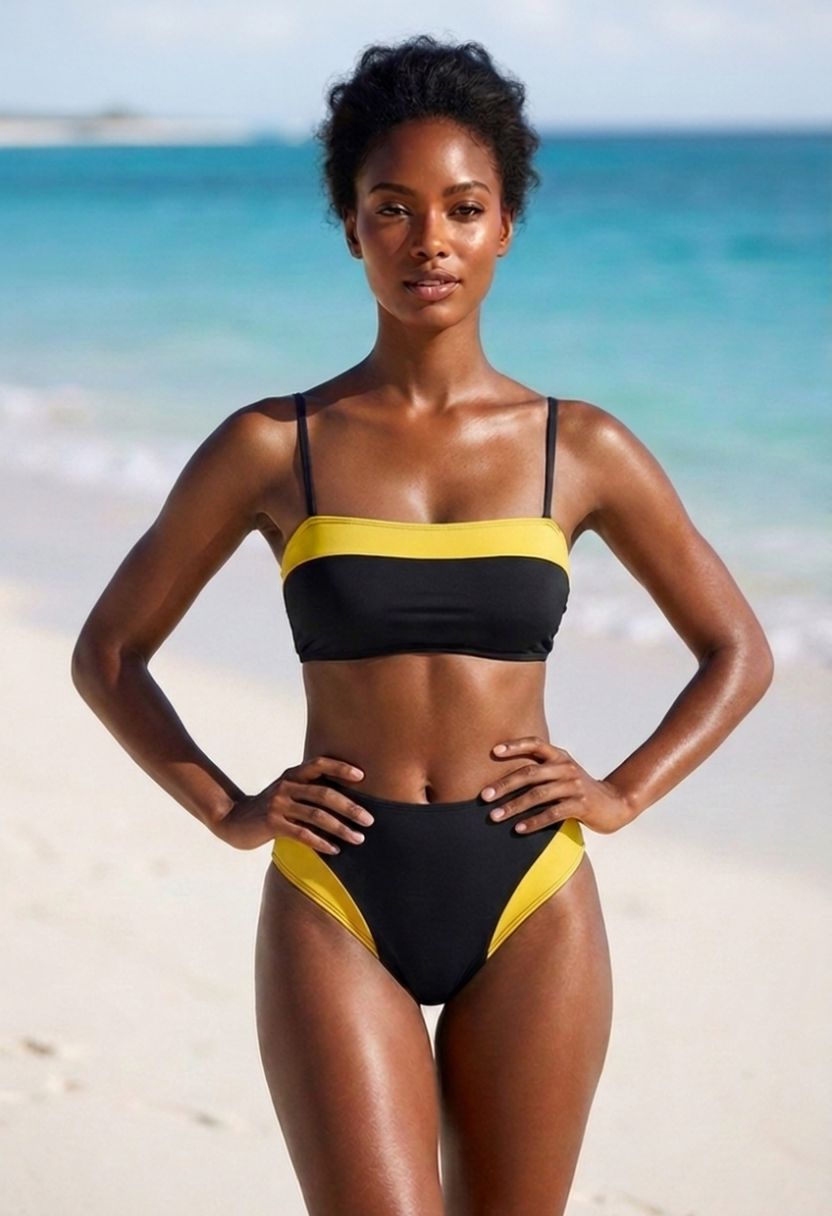 Sorelle black bandeau bikini top and high-waist bottom with yellow color-block, on model