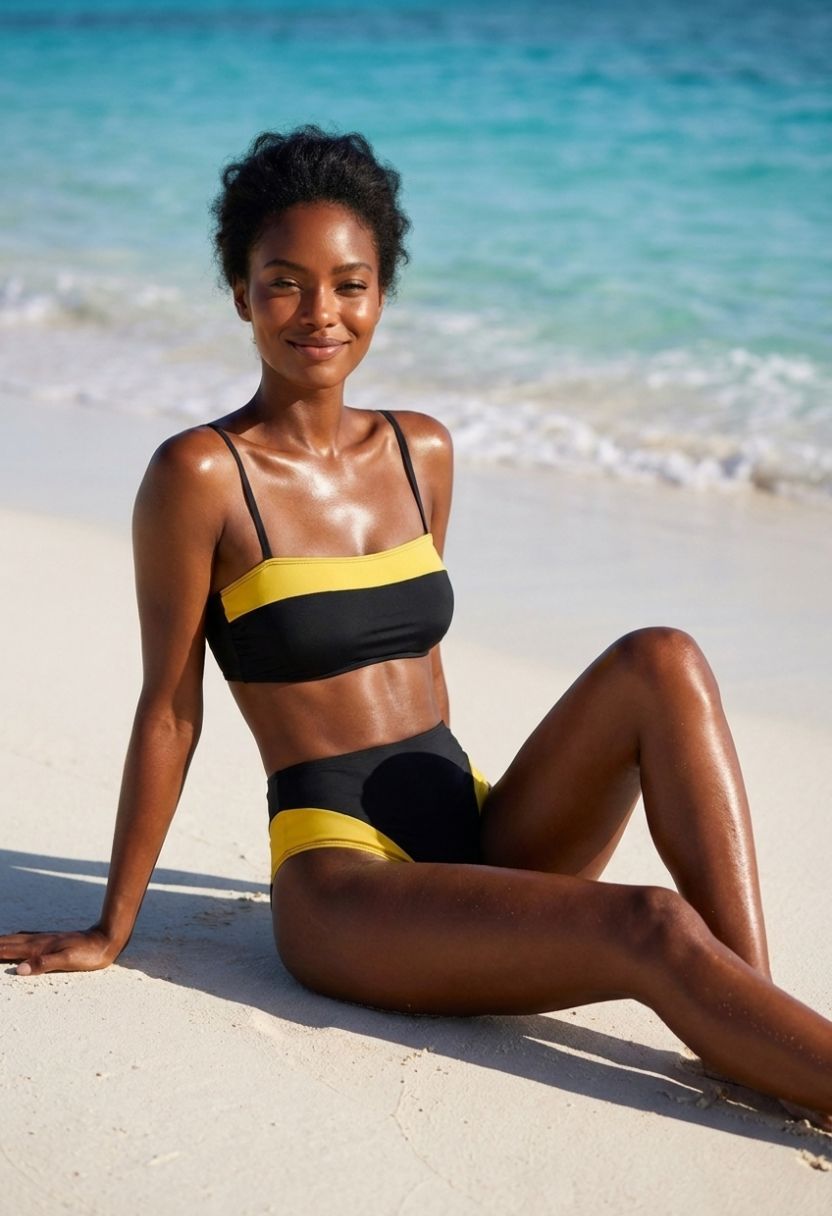 Sorelle black and yellow bandeau bikini top and high-waist bottom on model