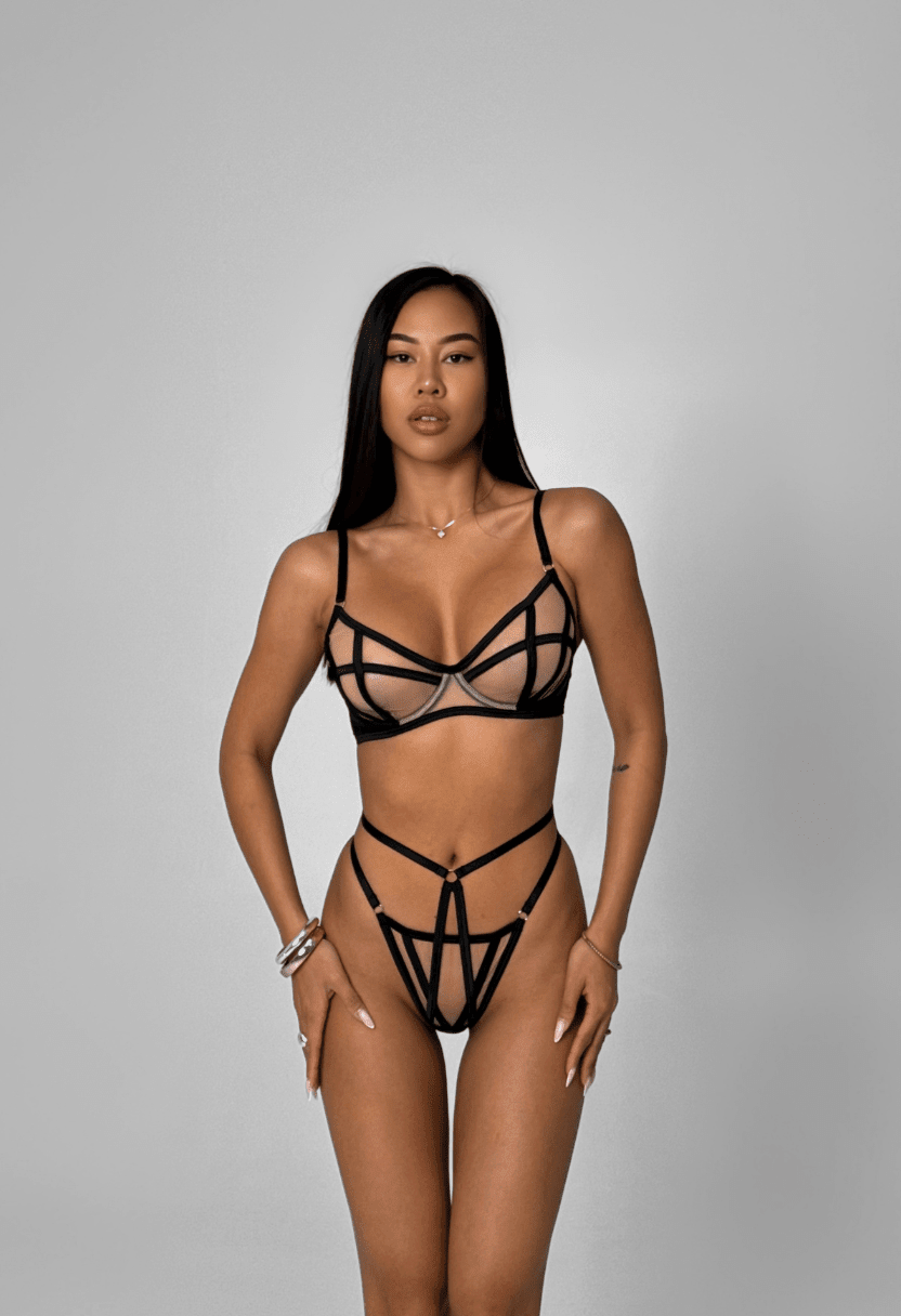 Stella nude bra and thong set on model, front view