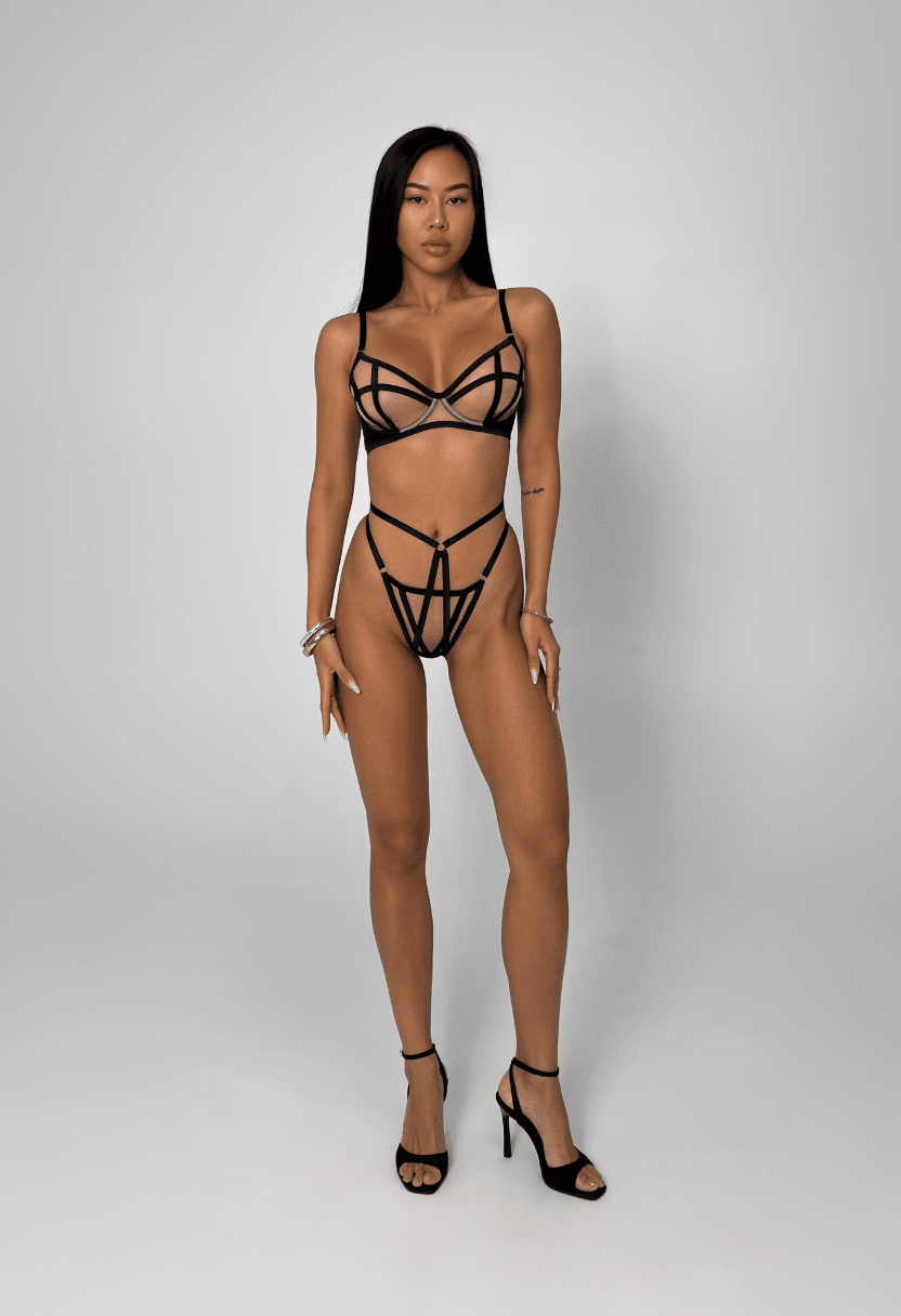 Stella nude bra and thong set on model, front view