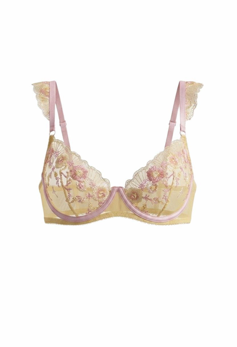 Sylvie butter yellow sheer mesh bra with multicolor floral embroidery, ghost mannequin