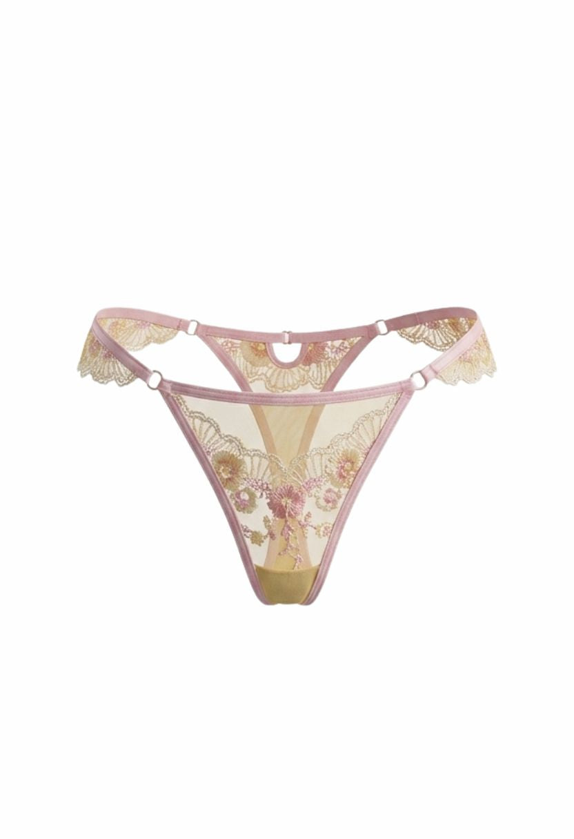 Sylvie yellow thong with multicolor floral embroidery, flat lay